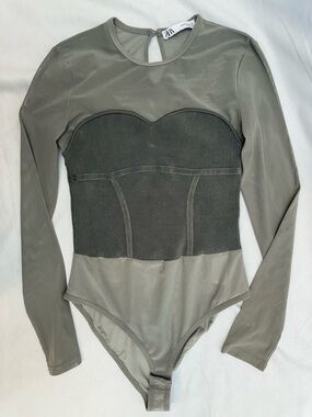 ZARA Army Green Mesh Long-Sleeve Bodysuit with Ribbed Bust Panel M